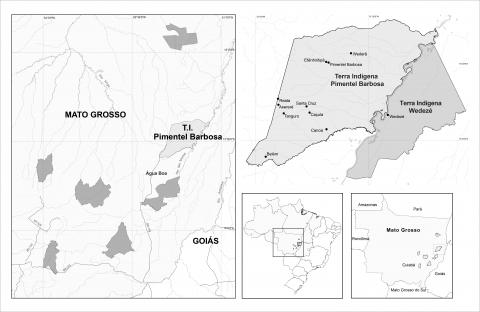 Maps of A’uwẽ lands (left) and T.I. Pimentel Barbosa and Wedezé (right, top). Adapted from Welch et al. (2013).